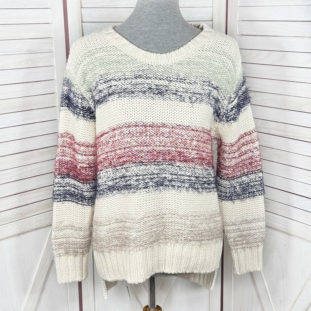 Zara Fuzzy Stripe Chunky Knit Sweater Cream Multi Small Retro‎ Basic